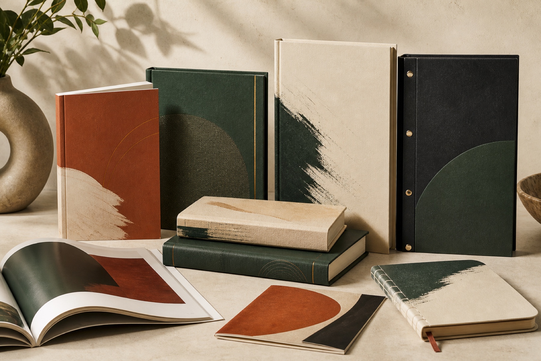 A collection of paperback, hardback, ring-bound, programme, report, notebook and magazine formats