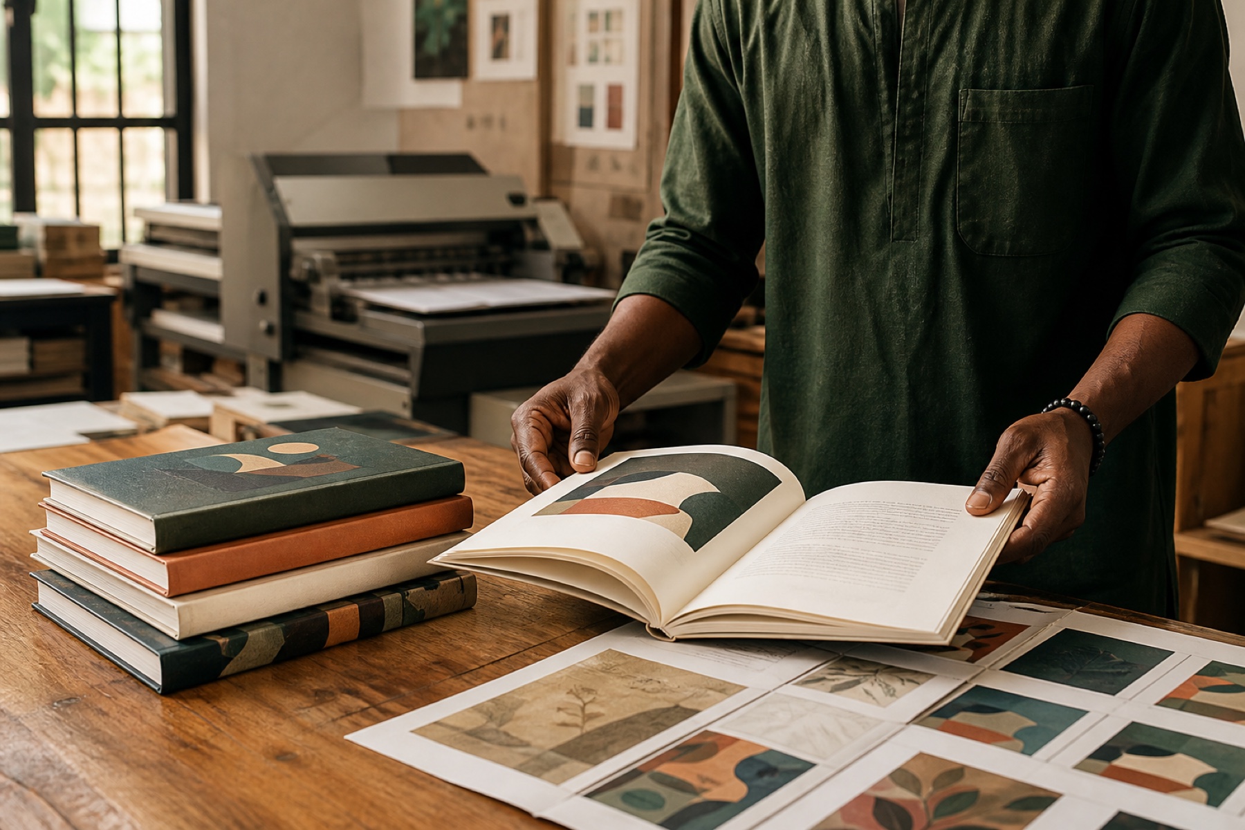 A publishing professional inspecting the paper and finish of a newly produced book